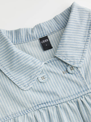 Denim Striped Washed Short Puff Sleeve Drawstring Oversized Blouse