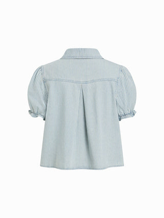 Denim Striped Washed Short Puff Sleeve Drawstring Oversized Blouse