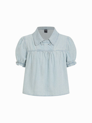 Denim Striped Washed Short Puff Sleeve Drawstring Oversized Blouse