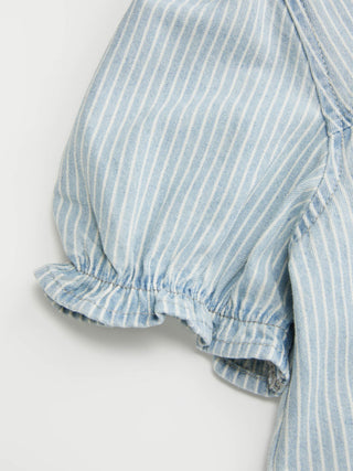 Denim Striped Washed Short Puff Sleeve Drawstring Oversized Blouse