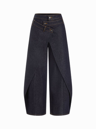 Denim Mid Rise Asymmetrical Metal Detail Wide Leg Jeans