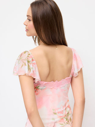 Mesh Floral V-neck Ruffle Sleeve Lace Trim A-line Mini Dress