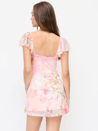 Mesh Floral V-neck Ruffle Sleeve Lace Trim A-line Mini Dress