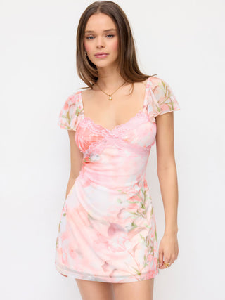 Mesh Floral V-neck Ruffle Sleeve Lace Trim A-line Mini Dress