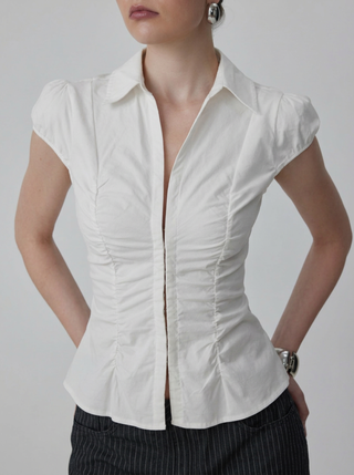 Cotton-blend Ruched Puff Sleeve Longline Blouse