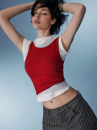 Cotton-blend Round Neckline Solid Tank Top