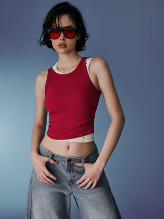 Cotton-blend Round Neckline Solid Tank Top