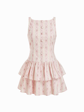 Cotton Floral Boat Neck Button Front Tiered Mini Dress