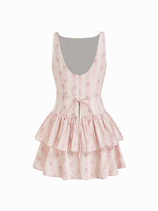 Cotton Floral Boat Neck Button Front Tiered Mini Dress