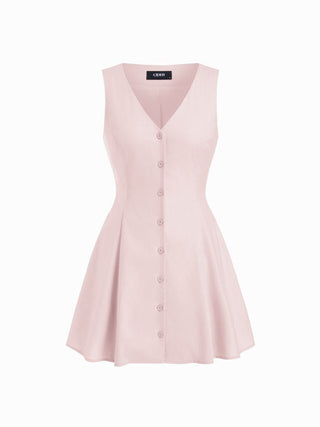 Linen-blend V-neck Button Through Tie Back A-line Mini Dress