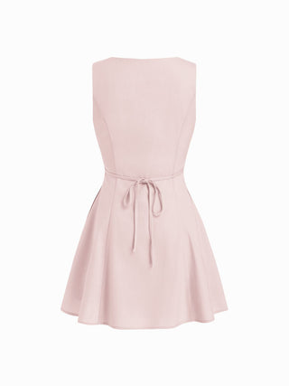 Linen-blend V-neck Button Through Tie Back A-line Mini Dress