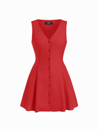Linen-blend V-neck Button Through Tie Back A-line Mini Dress