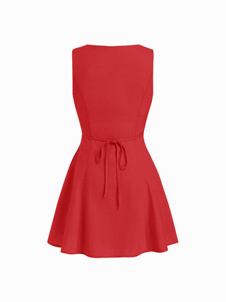 Linen-blend V-neck Button Through Tie Back A-line Mini Dress