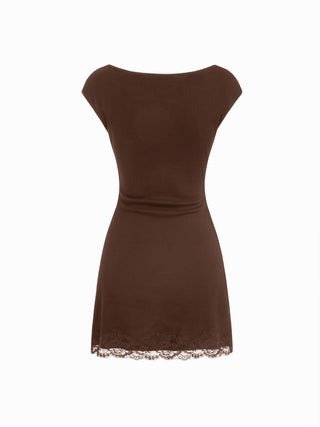 Cotton-blend Boat Neck Ruched Lace Panel A-line Mini Dress