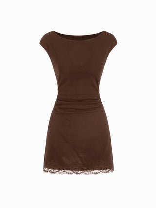 Cotton-blend Boat Neck Ruched Lace Panel A-line Mini Dress