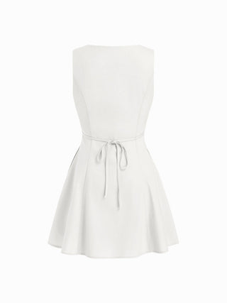 Linen-blend V-neck Button Through Tie Back A-line Mini Dress