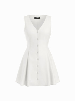 Linen-blend V-neck Button Through Tie Back A-line Mini Dress
