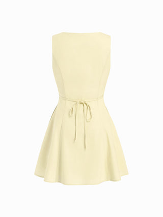 Linen-blend V-neck Button Through Tie Back A-line Mini Dress