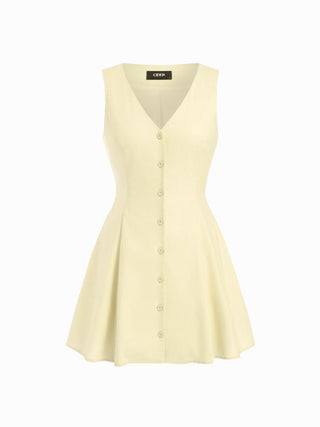 Linen-blend V-neck Button Through Tie Back A-line Mini Dress