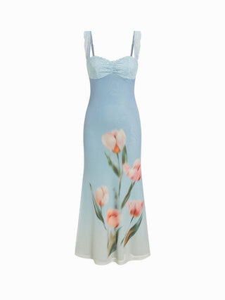 Mesh Floral Graphic Sweetheart Lace Panel Mermaid Maxi Dress