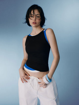Cotton-blend High Stretch Boat Neck Ribbed Tank Top