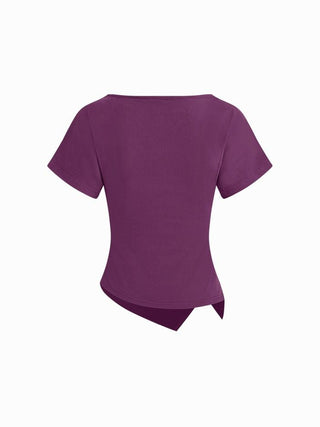Cotton-blend Boat Neck Ruched Asymmetrical Hem Tee
