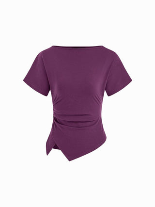 Cotton-blend Boat Neck Ruched Asymmetrical Hem Tee