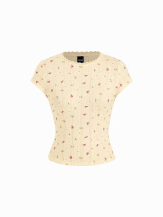 Floral Pointelle Lace Trim Short Sleeve Tee