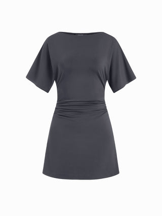 Boat Neck Short Sleeve Ruched A-line Mini Dress