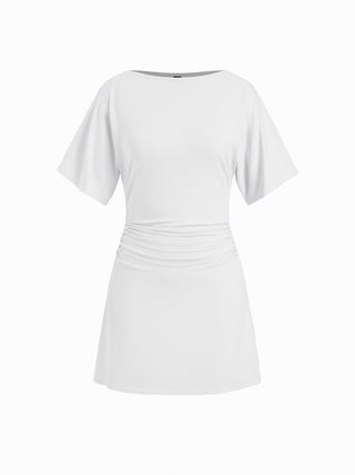 Boat Neck Short Sleeve Ruched A-line Mini Dress