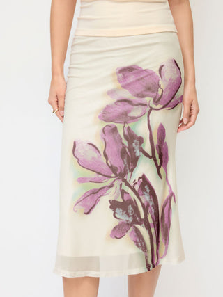 Mesh Mid Rise Placement Floral Mermaid Midi Skirt
