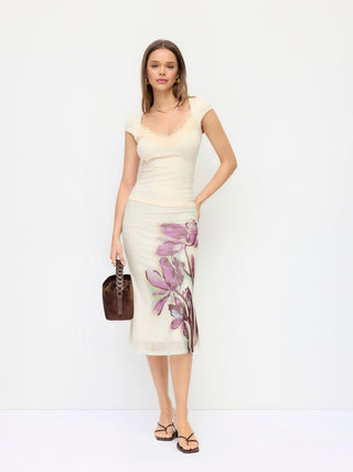 Mesh Mid Rise Placement Floral Mermaid Midi Skirt