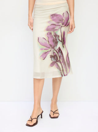Mesh Mid Rise Placement Floral Mermaid Midi Skirt