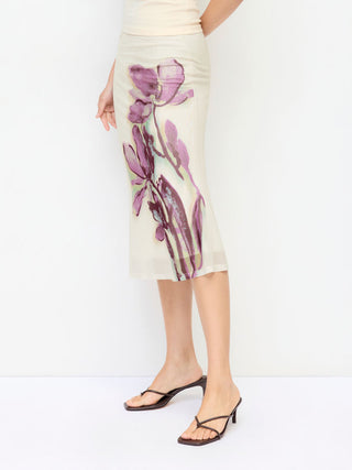 Mesh Mid Rise Placement Floral Mermaid Midi Skirt