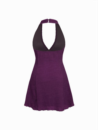 Textured Halter Neck Lace Trim A-line Mini Dress