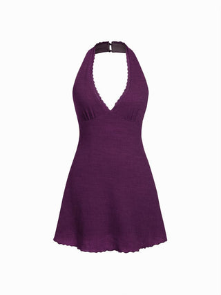 Textured Halter Neck Lace Trim A-line Mini Dress
