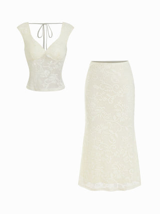 Lace Floral Lace up Backless Top & Cotton-blend Low Rise Midi Skirt Set