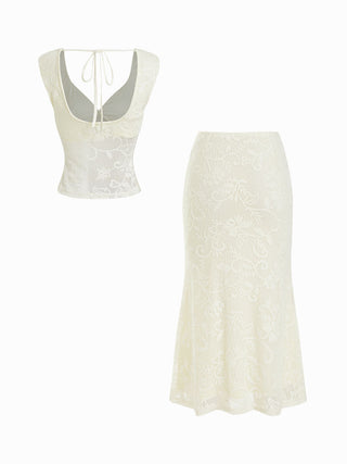 Lace Floral Lace up Backless Top & Cotton-blend Low Rise Midi Skirt Set