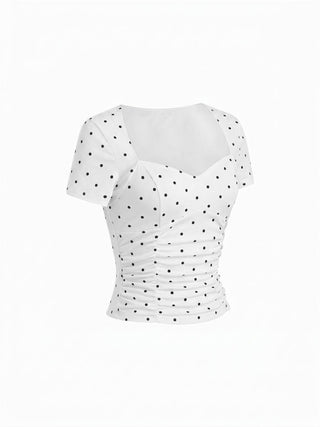 Cotton-blend Polka Dot V-neck Ruched Short Sleeve Top
