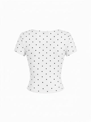 Cotton-blend Polka Dot V-neck Ruched Short Sleeve Top