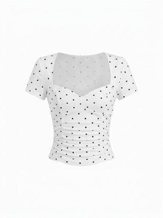 Cotton-blend Polka Dot V-neck Ruched Short Sleeve Top