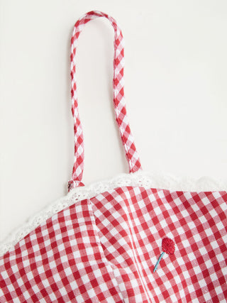 Cotton-blend Gingham Cherry Embroidery Sweetheart Neck Lace Trim Cami Blouse