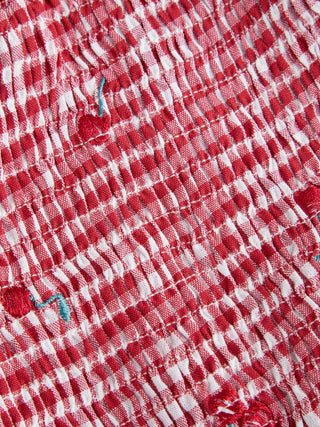 Cotton-blend Gingham Cherry Embroidery Sweetheart Neck Lace Trim Cami Blouse