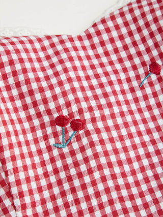 Cotton-blend Gingham Cherry Embroidery Sweetheart Neck Lace Trim Cami Blouse