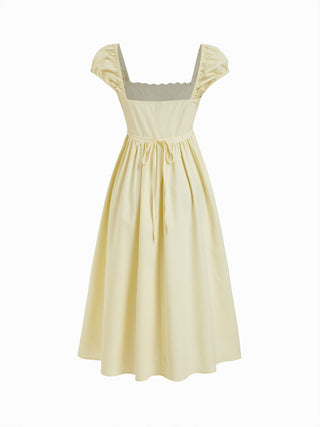 Linen-blend Square Neck Short Sleeve Lace Panel Flared Midi Dress