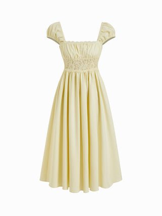 Linen-blend Square Neck Short Sleeve Lace Panel Flared Midi Dress