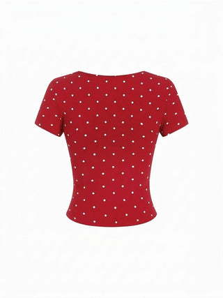 Cotton-blend Polka Dot V-neck Ruched Short Sleeve Top
