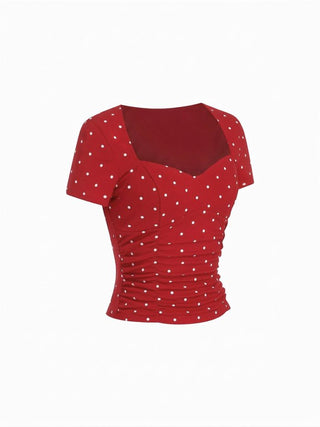 Cotton-blend Polka Dot V-neck Ruched Short Sleeve Top