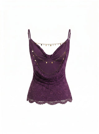 Lace Cowl Neck Ruffled Backless Cami Top With Chain