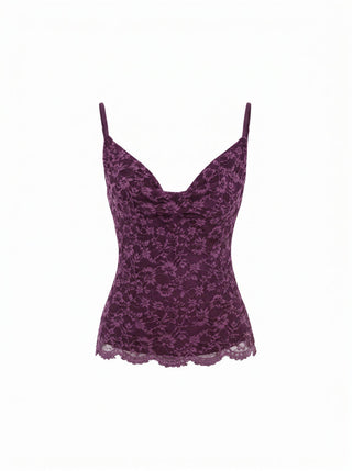 Lace Cowl Neck Ruffled Backless Cami Top With Chain